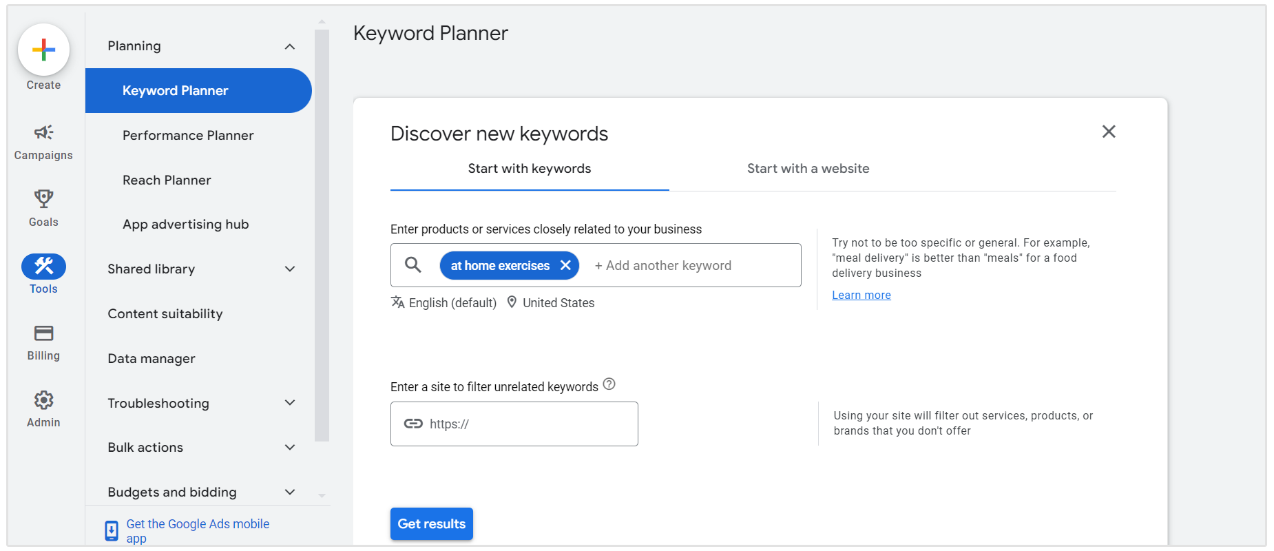 ejercicios en casa google keyword planner